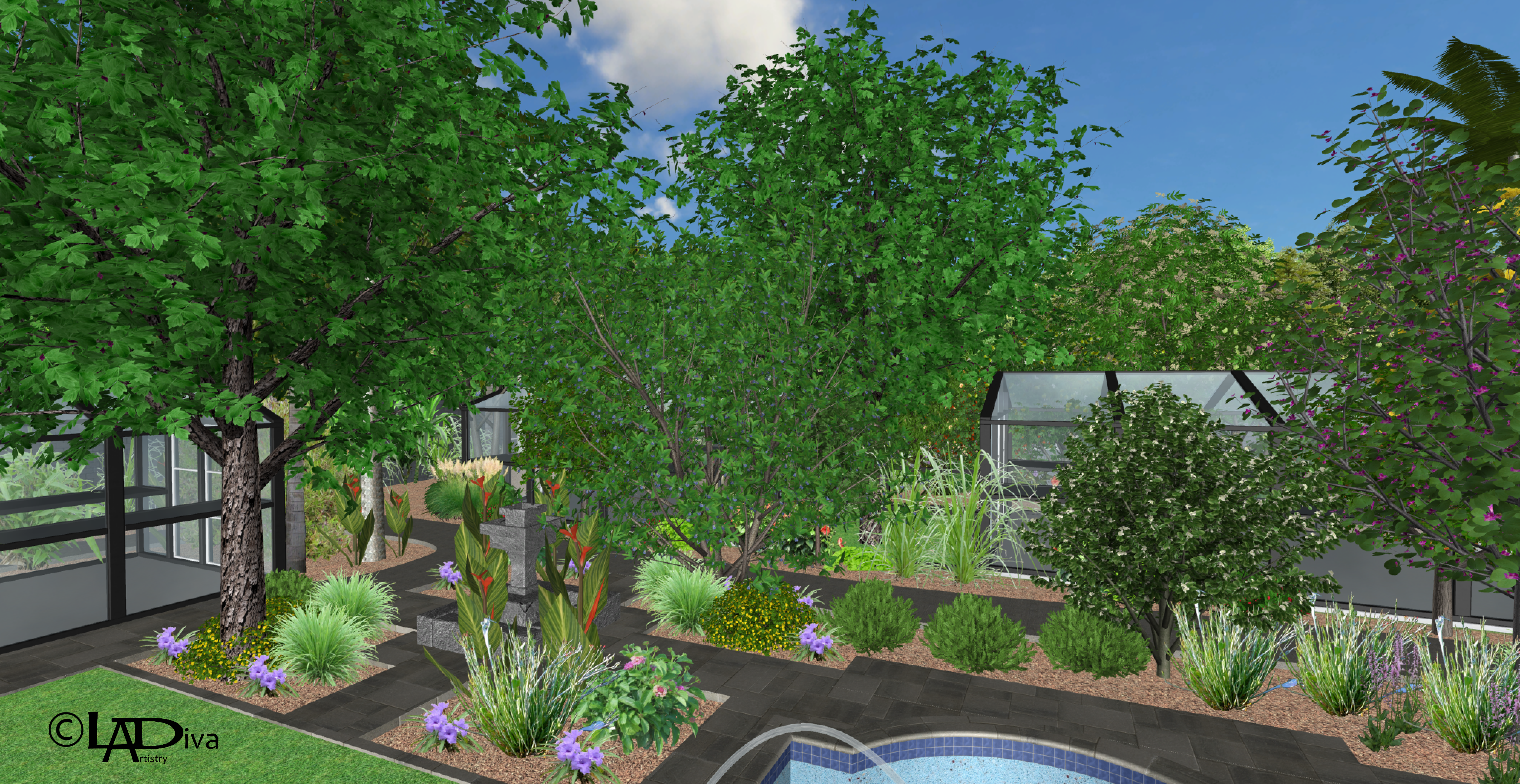Asian Zen Garden & Animal Sanctuary with New Pool Build - Phoenix, AZ ©LADiva Artistry Landscape Design Solutions, specializing in edible & tropical garden design in Gilbert, AZ. Featuring Custom 2D Color Master Landscape Design Plans and 3D Virtual Walkthrough Tours. Cultivating beautiful, productive oases in the greater Phoenix, Arizona area showcasing tropical trees, fruit trees, edible plants & herbs in low maintenance, stunning gardens.