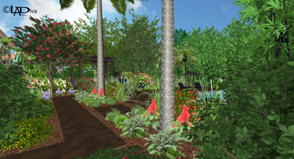Tropical & Productive Backyard Paradise with New Pool Design - Chandler, AZ ©LADiva Artistry Landscape Design Solutions, specializing in edible & tropical garden design in Gilbert, AZ. Featuring Custom 2D Color Master Landscape Design Plans and 3D Virtual Walkthrough Tours. Cultivating beautiful, productive oases in the greater Phoenix, Arizona area showcasing tropical trees, fruit trees, edible plants & herbs in low maintenance, stunning gardens.