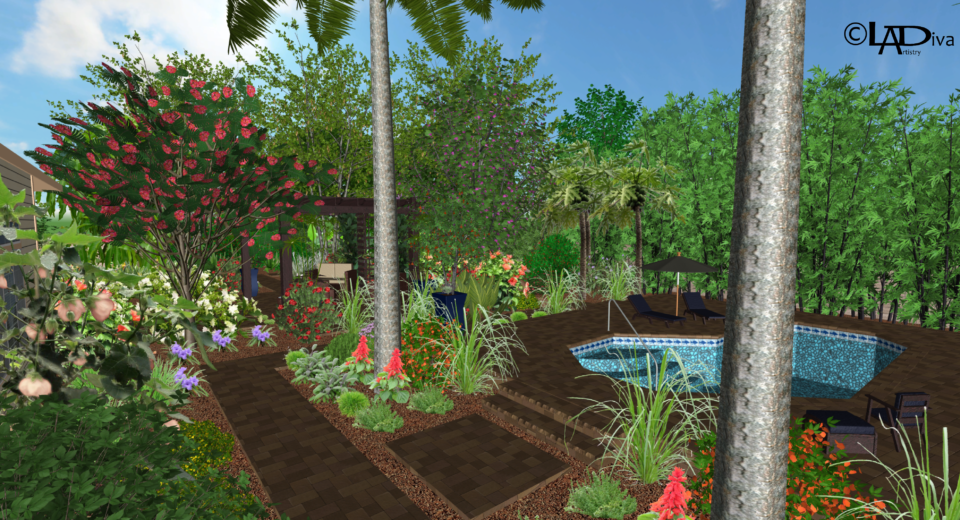 Tropical & Productive Backyard Paradise with New Pool Design - Chandler, AZ ©LADiva Artistry Landscape Design Solutions, specializing in edible & tropical garden design in Gilbert, AZ. Featuring Custom 2D Color Master Landscape Design Plans and 3D Virtual Walkthrough Tours. Cultivating beautiful, productive oases in the greater Phoenix, Arizona area showcasing tropical trees, fruit trees, edible plants & herbs in low maintenance, stunning gardens.