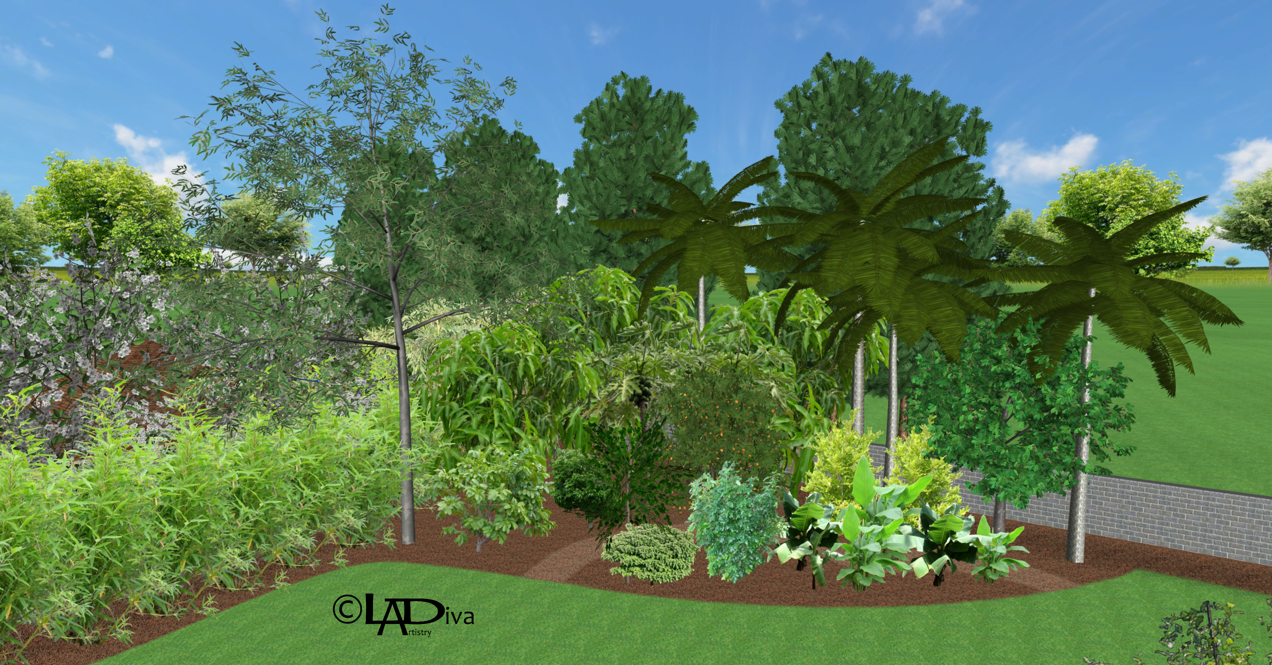 Edible Demonstration Garden Featuring Tropical Fruit Trees, Flood Irrigation Planning - Laveen, AZ ©LADiva Artistry Landscape Design Solutions, specializing in edible & tropical garden design in Gilbert, AZ. Featuring Custom 2D Color Master Landscape Design Plans and 3D Virtual Walkthrough Tours. Cultivating beautiful, productive oases in the greater Phoenix, Arizona area showcasing tropical trees, fruit trees, edible plants & herbs in low maintenance, stunning gardens.