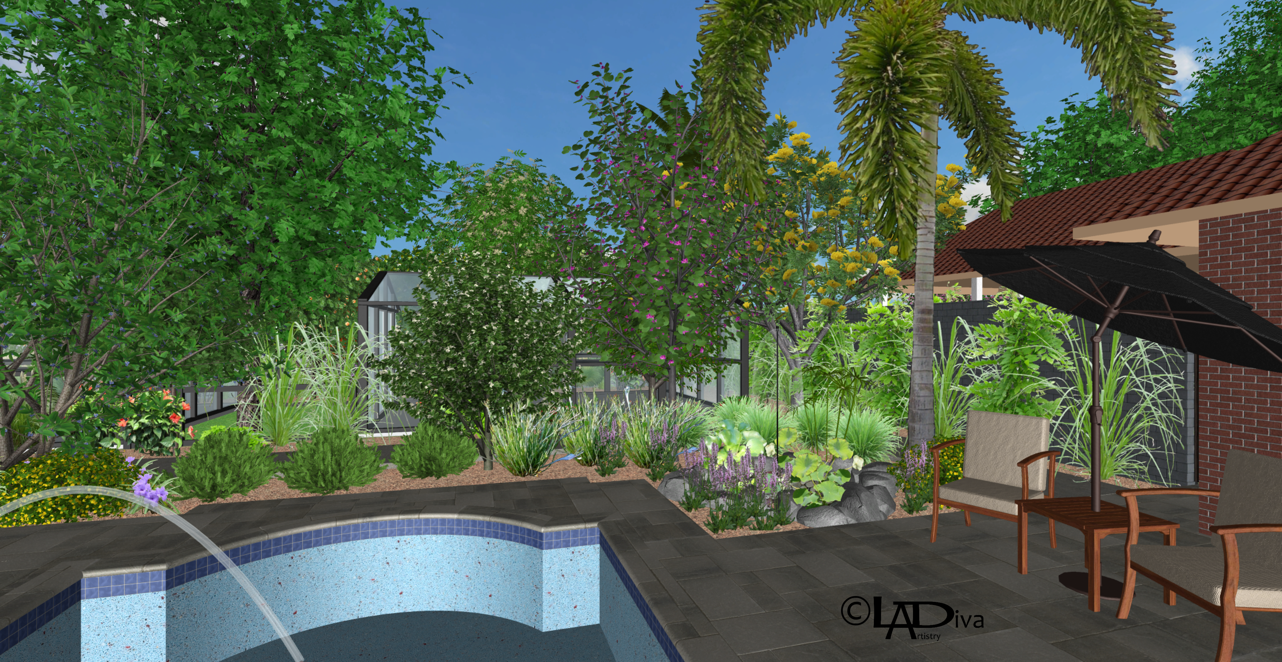 Asian Zen Garden & Animal Sanctuary with New Pool Build - Phoenix, AZ ©LADiva Artistry Landscape Design Solutions, specializing in edible & tropical garden design in Gilbert, AZ. Featuring Custom 2D Color Master Landscape Design Plans and 3D Virtual Walkthrough Tours. Cultivating beautiful, productive oases in the greater Phoenix, Arizona area showcasing tropical trees, fruit trees, edible plants & herbs in low maintenance, stunning gardens.
